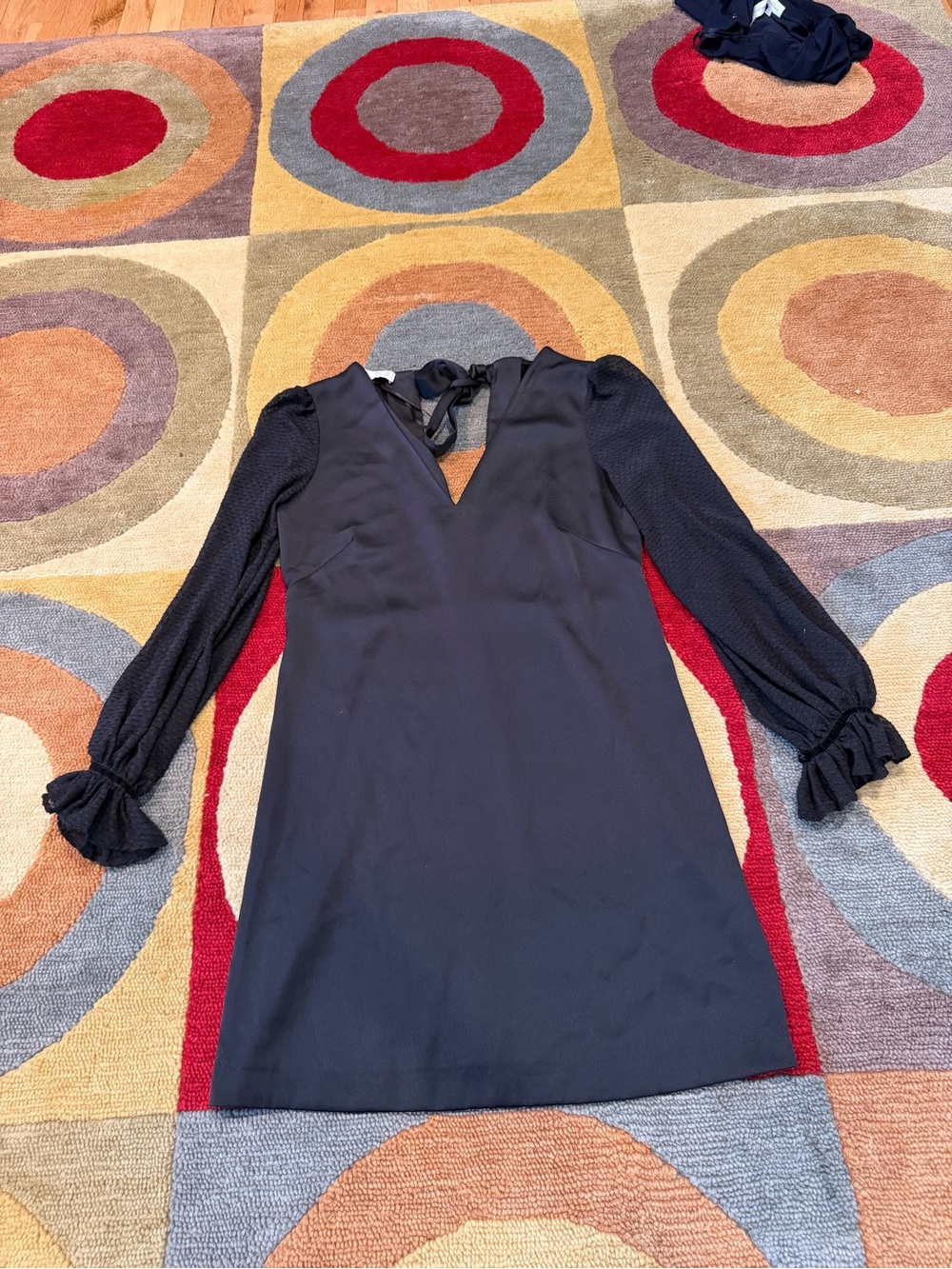 MNG Mango Black 3/4 Puff Sleeve Mini Dress V Neck Tie Back Satin Women’s Size 4